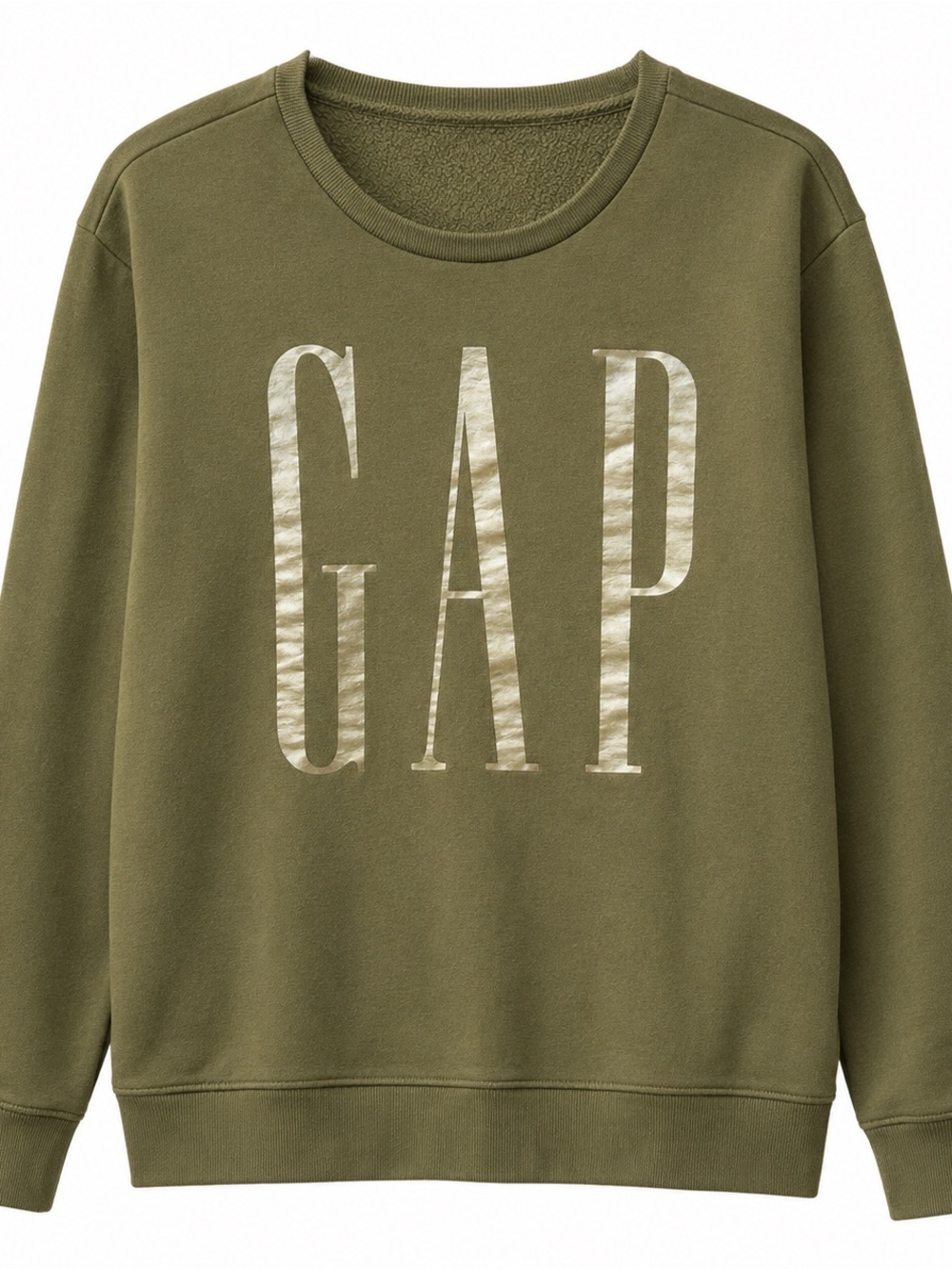 GAP Men's Crewneck Sweatshirt in Olive with Metallic Logo